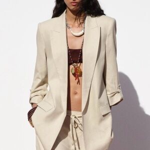 ZARA Roll - Up Sleeve Linen Blend Blazer Relaxed Fit Size XS